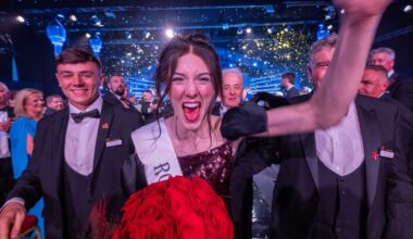 A delighted Caoilfhinn Ní Choiligh celebrating after being named the 2026 Rose of Tralee tonight, Tuesday. Picture: Domnick Walsh