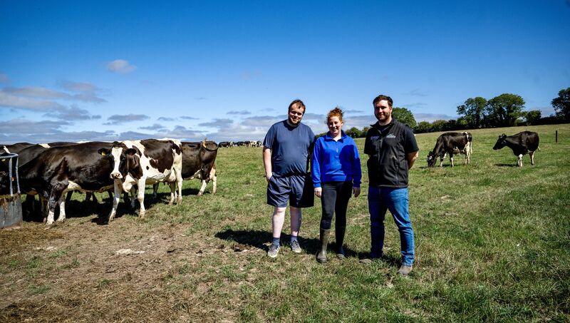 (L-R) Mike Kenny, Rachel Kenny and Tim Casey, chat in a field on the East Cork farm as the ongoing drought puts increasing pressure on the farm and its herd. Picture: Chani Anderson