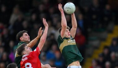 AFL-BOUND? Daniel Kirby of Kerry catches a kickout ahead of teammate Evan Boyle and Darragh Clifford of Cork. Pic:  Brendan Moran/Sportsfile