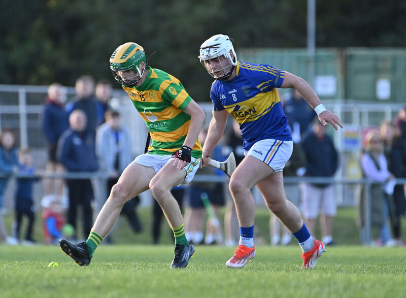  Conor Stack, Blackrock, is first to this breaking ball ahead of Jarlath Cullimore, Carrigtwohill, in last season's meeting. Picture: Dan Linehan