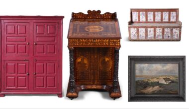 An 18th-century painted larder, a Killarney Davenport, a three-seater settle bench and a John Crampton Walker painting at James Adam.