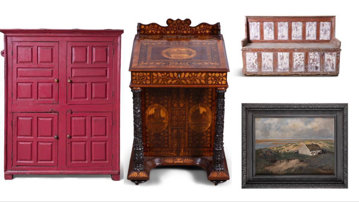 An 18th-century painted larder, a Killarney Davenport, a three-seater settle bench and a John Crampton Walker painting at James Adam.