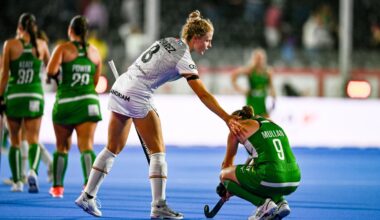 Kathryn Mullan of Ireland is consoled by Emma Puvrez of Belgium. Pic: Ben McShane/Sportsfile