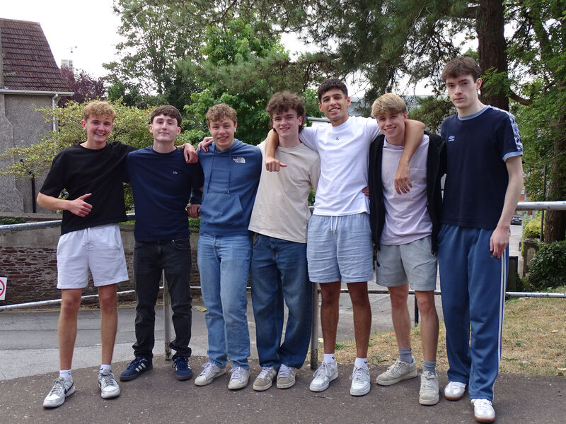 Peter Creagh, Alessandro Siynardi, Luke MacMullan, Seán McSweeney, Aaron Sidhu, Ethan Wyse and Daniel Fitzsimons, students at Christian Brothers College (CBC), Cork, celebrate their Leaving Cert results. Eight CBC students achieved the maximum 625 points, with one of the eight, Guan Lin, not pictured. Picture: Christian Brothers College in Cork