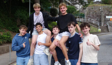 Luke MacMullan, Aaron Sidhu, Alessandro Siynardi, Daniel Fitzsimons and Seán McSweeney, students at Christian Brothers College (CBC), Cork, after receiving their Leaving Cert results. Eight students at the school achieved the maximum 625 points, with Guan Lin, one of the top scorers, not pictured. Picture: Christian Brothers College in Cork