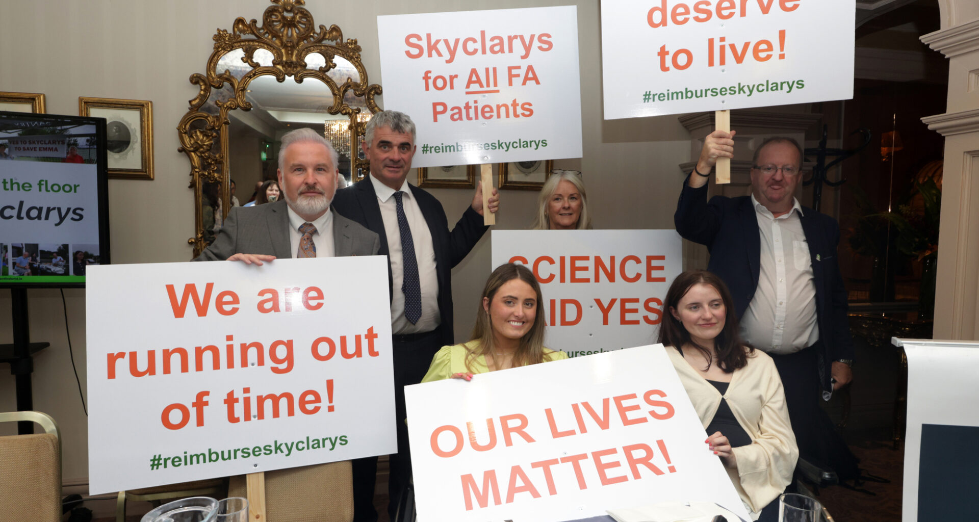 Independent Ireland councillor Ken O'Flynn with and TDs Richard O'Donoghue and Michael Collins with Kilkenny woman Emily Felix, who has Friedrich's ataxia, at an event in Dublin this week ahead of the HSE decision on Skyclarys. Picture: Leah Farrell/RollingNews.ie