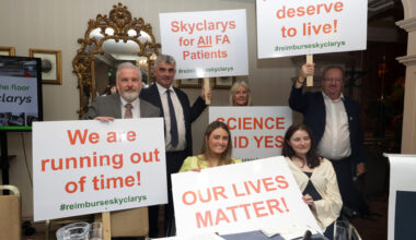 Independent Ireland councillor Ken O'Flynn with and TDs Richard O'Donoghue and Michael Collins with Kilkenny woman Emily Felix, who has Friedrich's ataxia, at an event in Dublin this week ahead of the HSE decision on Skyclarys. Picture: Leah Farrell/RollingNews.ie
