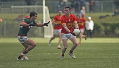 Castlebar Mitchels Sean Morahan looks to get past Ballina Stephenites Sam Callinan. Pic: Conor McKeown