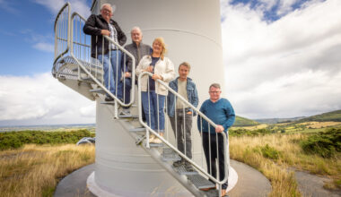 Shareholders of Ireland's first and (so far) only community-owned wind farm in Templederry, Co Tipperary — Matt Murray, John Fogarty, Carmel O'Donoghue, Gregg Allen, and Noel Carey. Mr Fogarty said: 'The system is very much weighted in favour of the big companies.' Picture: Neil Michael