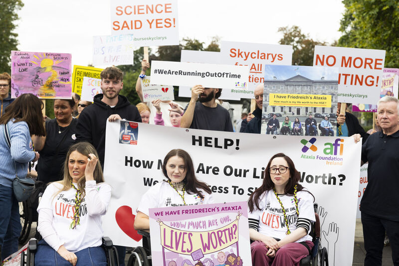 Emily Felix, Emma O’Shea, and Niamh Ní Hoireabhaird join the campaign to protest in Dublin to push for Skyclarys approval in Ireland. 