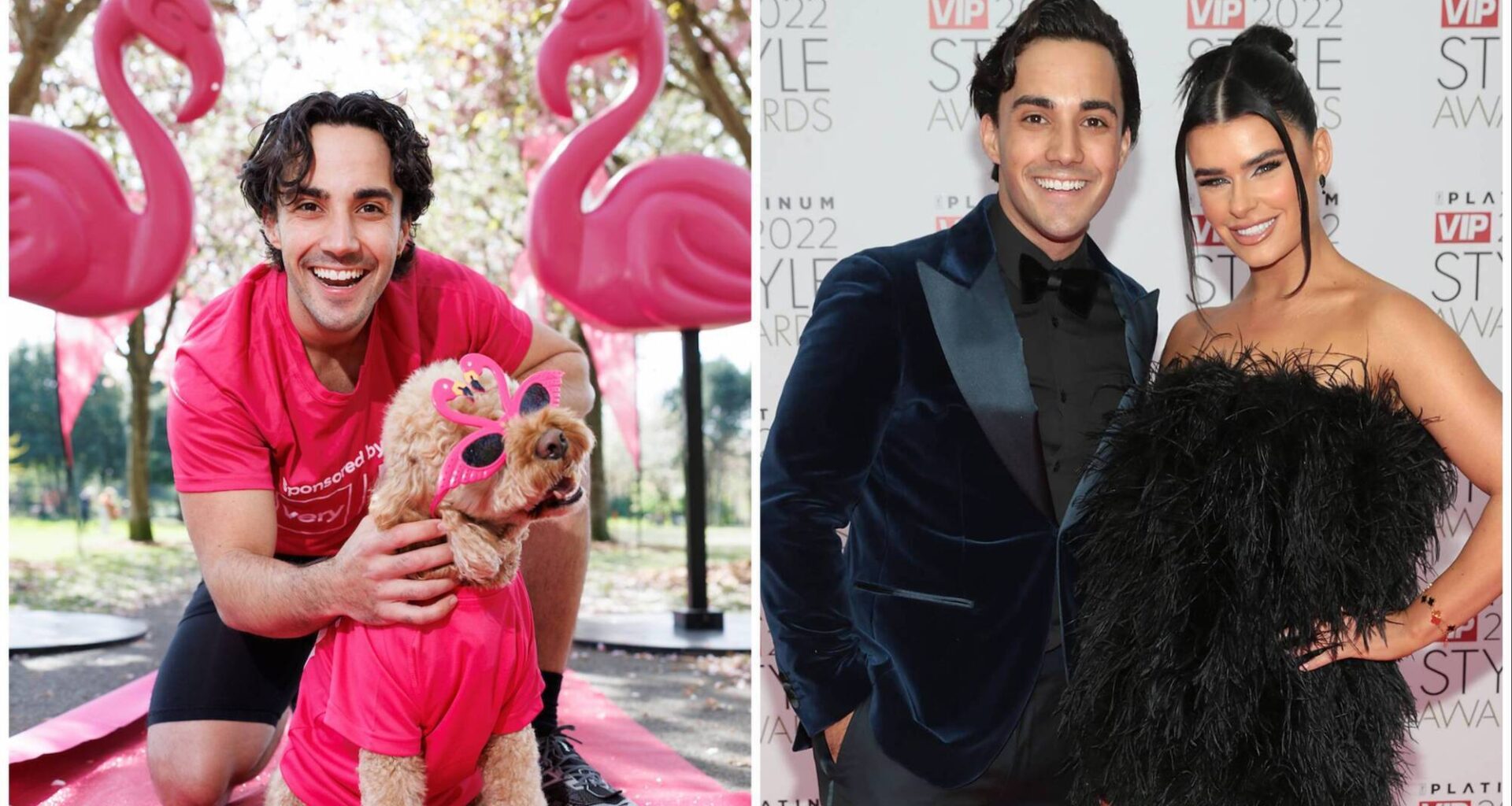 Left: Jake Carter, Singer with his dog Lenny pictured at the launch of Breast Cancer Ireland's Very Pink Run. Picture: Marc O'Sullivan. Right: Jake Carter and Karen Byrne pictured at the Platinum VIP Style Awards 2022. Picture: Brian McEvoy.