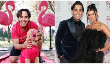 Left: Jake Carter, Singer with his dog Lenny pictured at the launch of Breast Cancer Ireland's Very Pink Run. Picture: Marc O'Sullivan. Right: Jake Carter and Karen Byrne pictured at the Platinum VIP Style Awards 2022. Picture: Brian McEvoy.