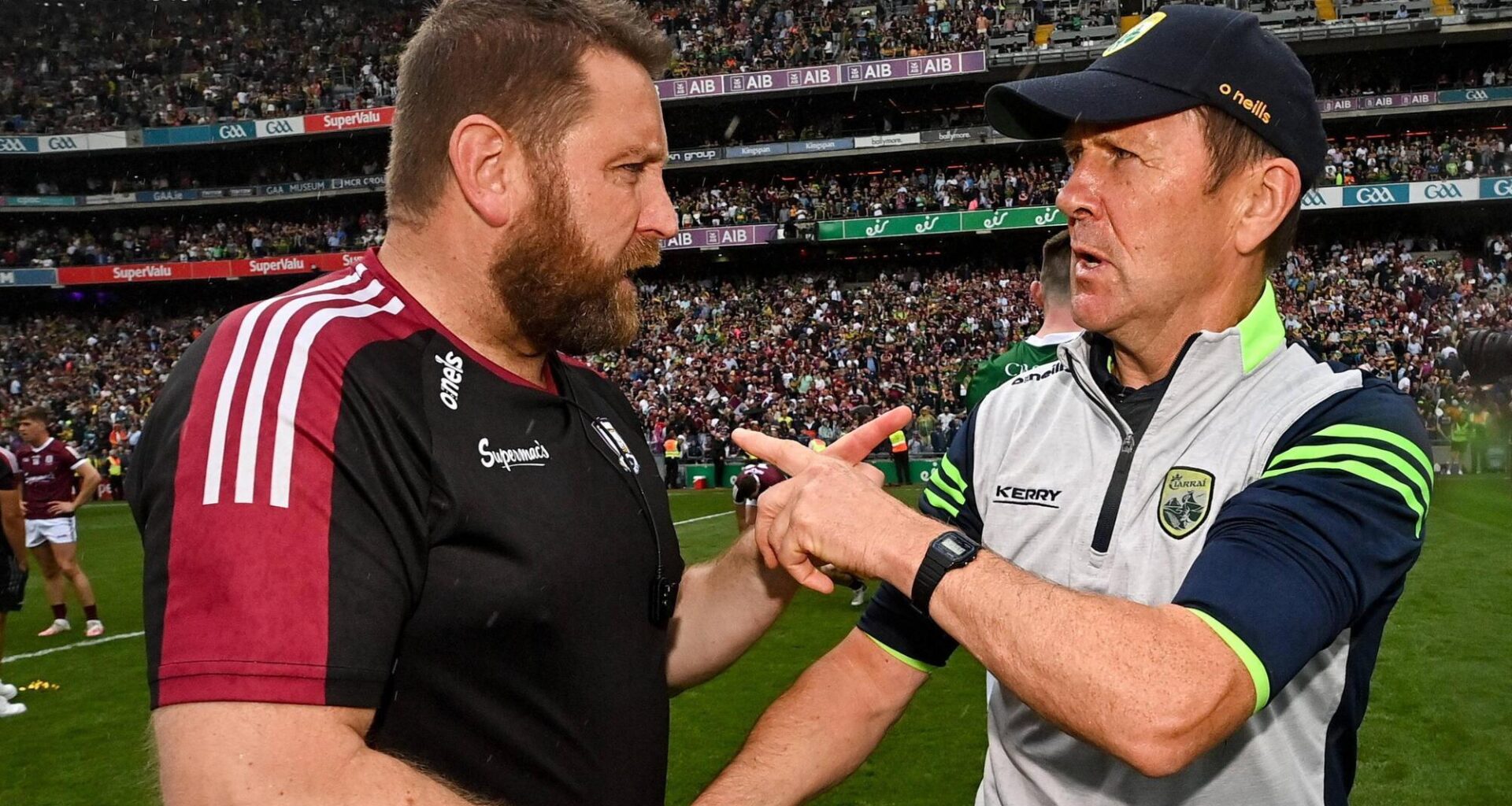 TOGETHER AT LAST: Kerry manager Jack O'Connor and then Galway coach Cian O'Neill after the 2022 All-Ireland SFC final between the counties at Croke Park. Pic: Ramsey Cardy/Sportsfile