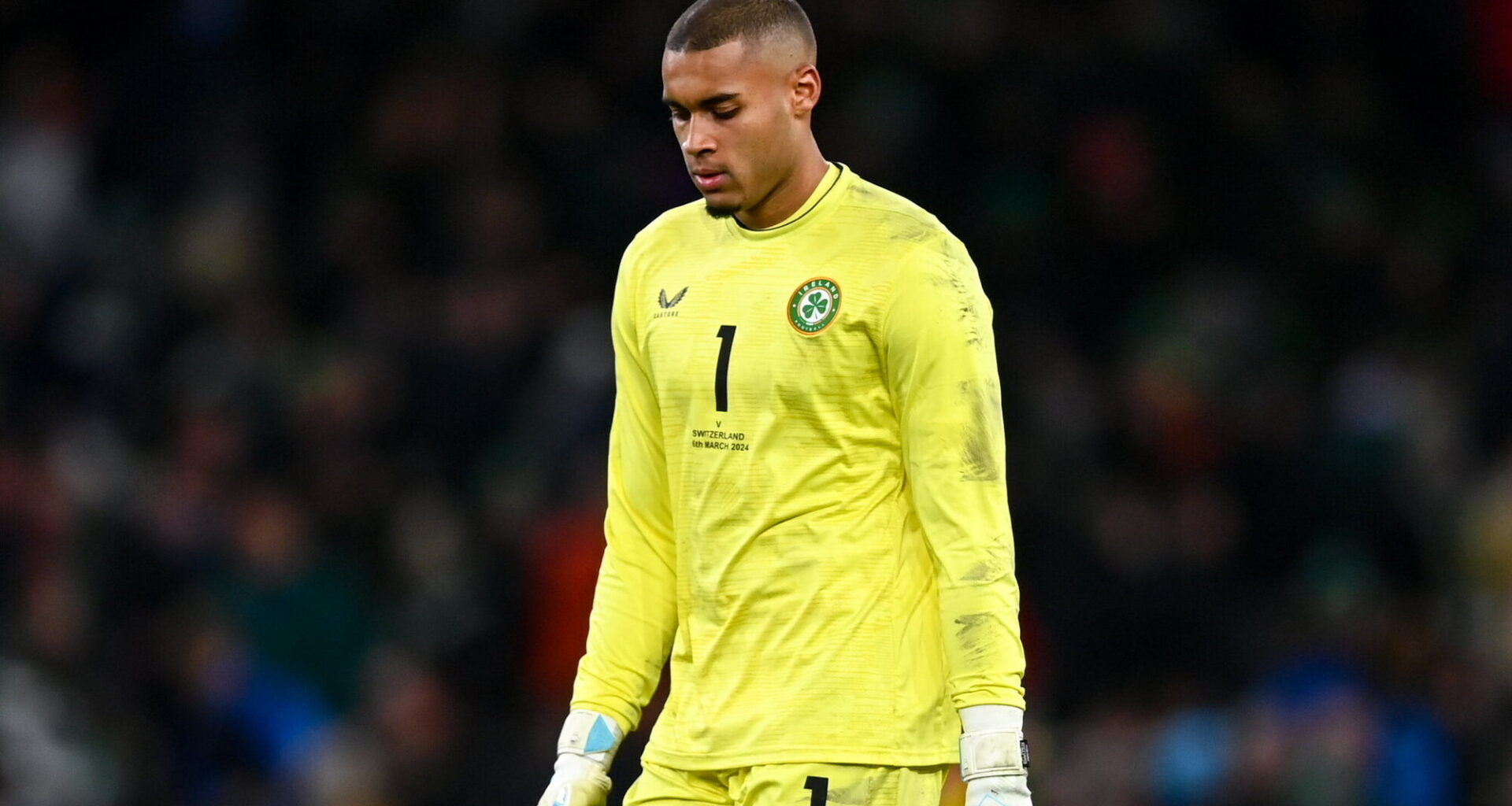 Gavin Bazunu leaves the pitch after the international friendly match between Ireland and Switzerland. Pic: Tyler Miller/Sportsfile