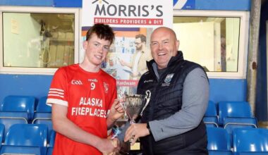 Brendan Breen was in Fraher Field on Monday night to see Stradbally U16 hurlers win the Division 1A trophy and present the trophy to the winning Stradbally captain Gearóid Power.