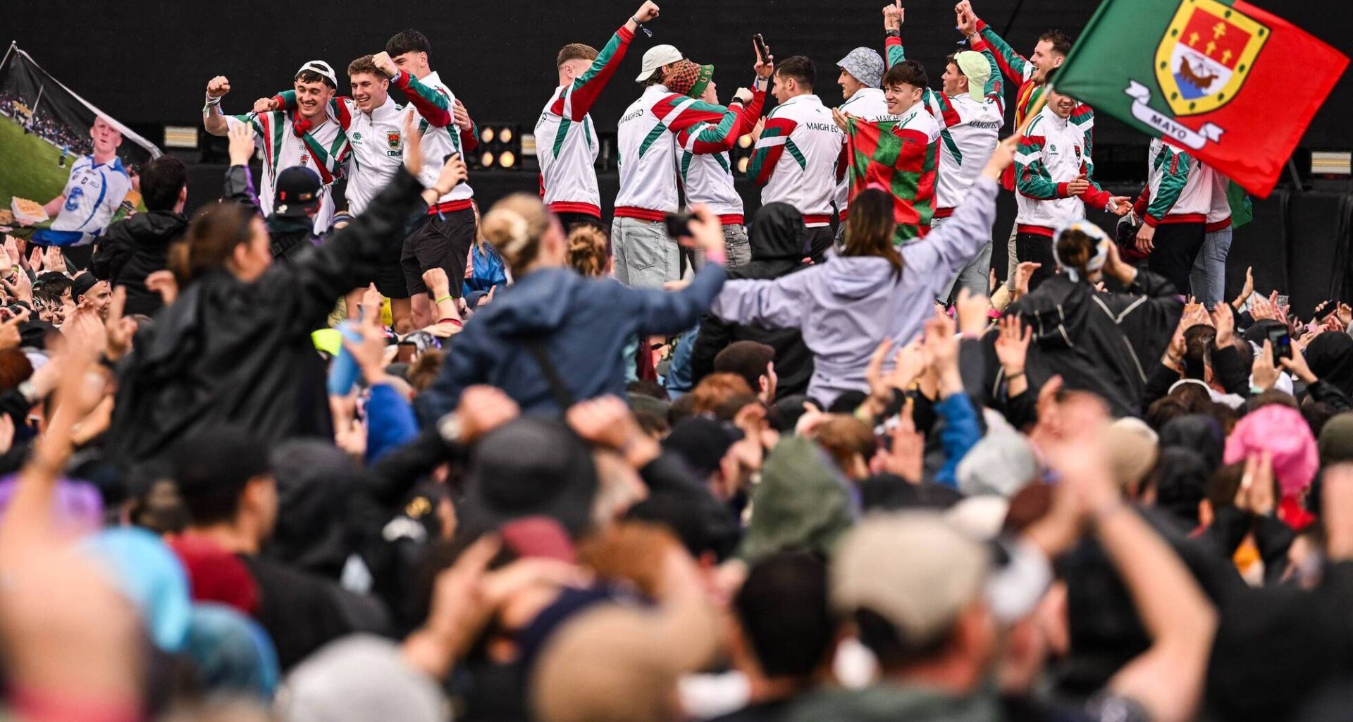 The Mayo All-Ireland Football Championship winning team join The Saw Doctors on the Electric Picnic Main Stage. Picture: Ramsey Cardy