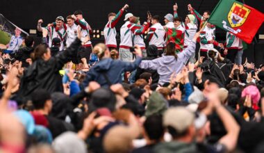 The Mayo All-Ireland Football Championship winning team join The Saw Doctors on the Electric Picnic Main Stage. Picture: Ramsey Cardy