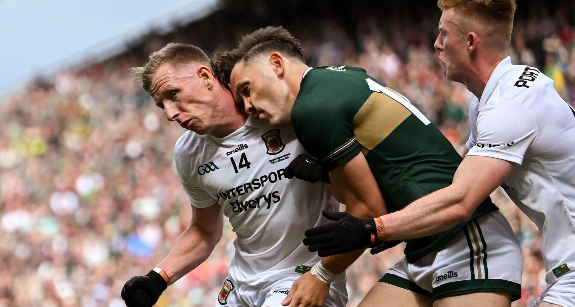 MARGIN CALL: David Clifford of Kerry gets a shoulder from Mayo's Ryan O'Donoghue in July's All-Ireland SFC final at Croke Park. Pic: Stephen McCarthy/Sportsfile