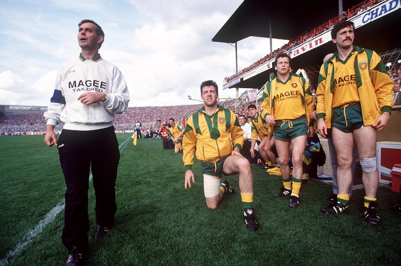Manager Brian McEniff and the Donegal bench wait on the final whistle in the 1992 All-Ireland final between Donegal and Dublin. Photograph: Billy Stickland/Inpho