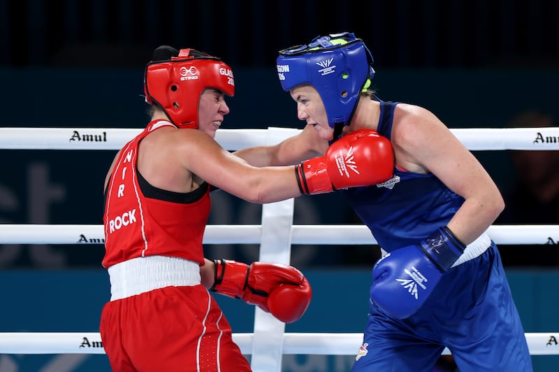 Kaci Rock (left) in action against England Sacha Hickey during the women's 65kg final. Photograph: Francois Nel/Getty Images