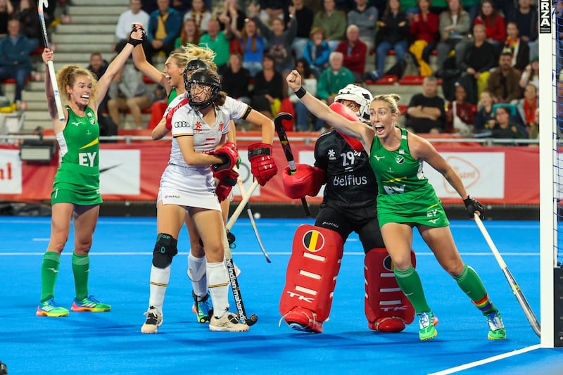 Charlotte Beggs of Ireland celebrates a goal that was later cancelled. Photograph:: Olivier Hoslet/EPA