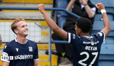 Joe Bevan scores for Dundee against Aberdeen