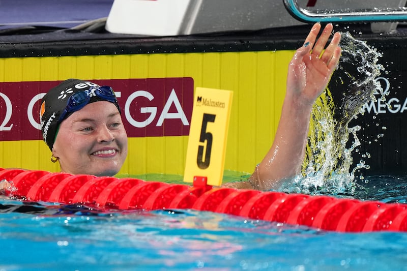 Mona Mc Sharry after winning her semi-final in the women's 100m breaststroke at the European Aquatic Championships in Paris. Photograph: Dimitar Dilkoff/AFP via Getty Images