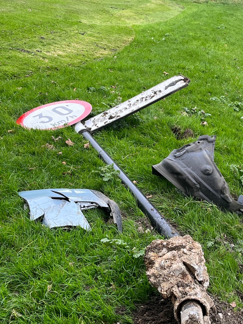 A 30km/h road sign near the Chapelizod Gate in Phoenix Park after it was struck by a passing vehicle. Photograph: Olivia Kelly