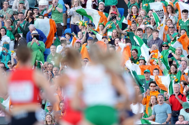 Fans of Kate O'Connor of Ireland in the stands during the 800m segment of the Women's Heptathlon on day six of the 2026 European Athletics Championship at Perry Barr's Alexander Stadium, Birmingham. Picture date: Saturday August 15, 2026. PA Photo. Photo credit should read: Annabel Lee-Ellis/PA Wire.RESTRICTIONS: Use subject to restrictions. Editorial use only, no commercial use without prior consent from rights holder.