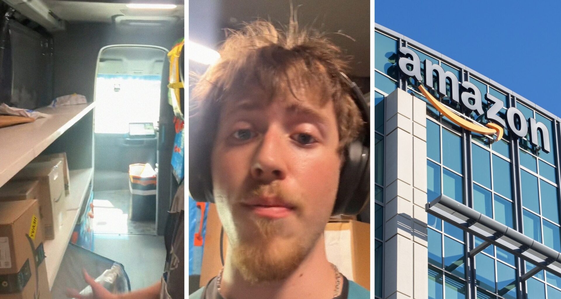 Delivery truck (l) man shares common Amazon order (c) Amazon office (r).