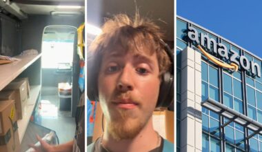 Delivery truck (l) man shares common Amazon order (c) Amazon office (r).