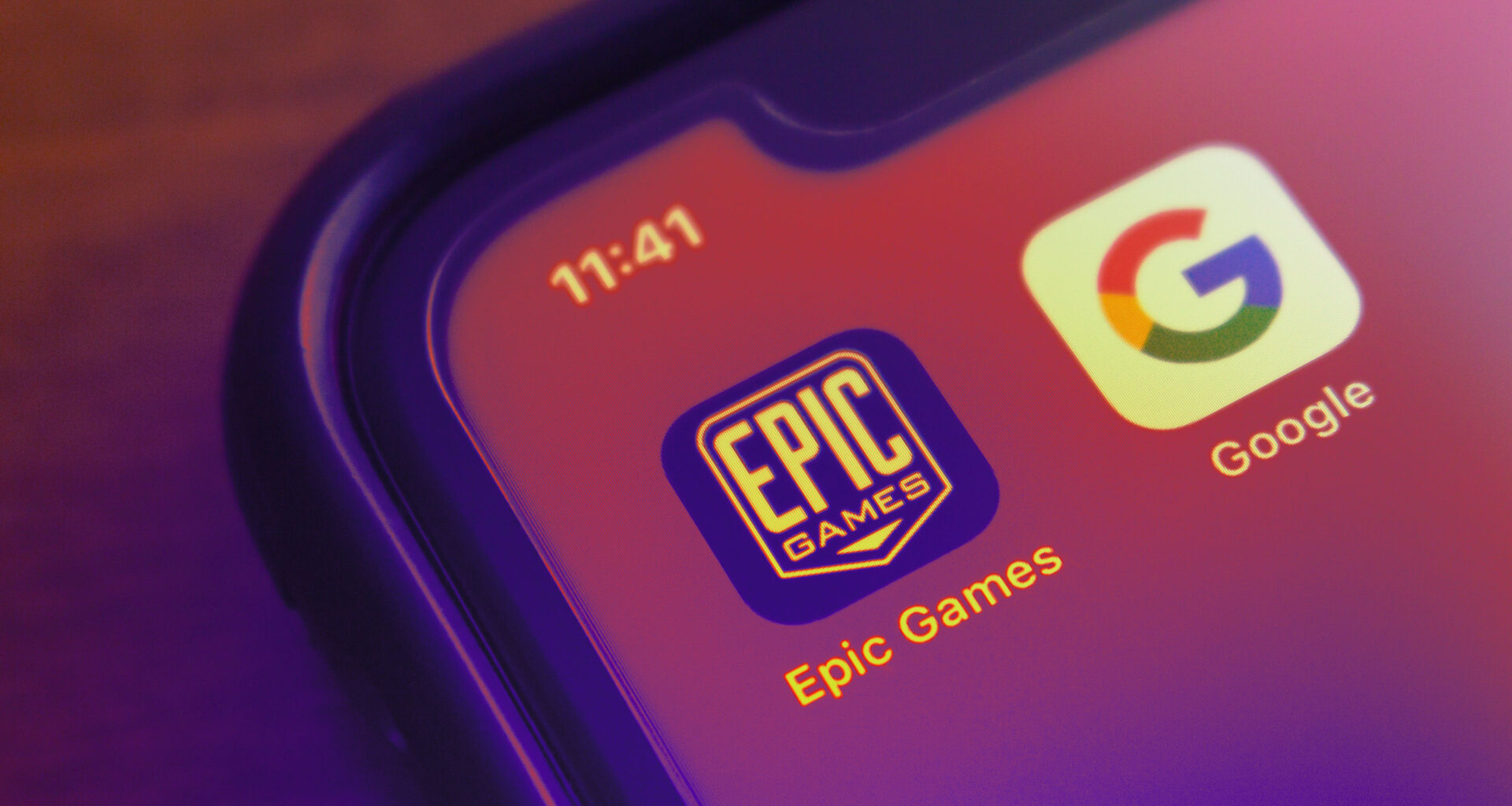 A phone shows the Epic Games app and the Google app on a phone.