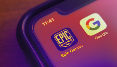 A phone shows the Epic Games app and the Google app on a phone.