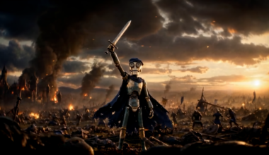 a robot standing in the middle of a battlefield raising a sword