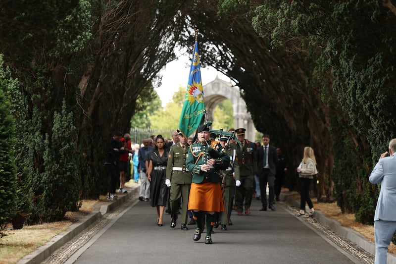 Officials and relatives at the annual commemoration honouring General Michael Collins and President Arthur Griffith at Glasnevin Cemetery. Photograph: Alan Betson/The Irish Times

