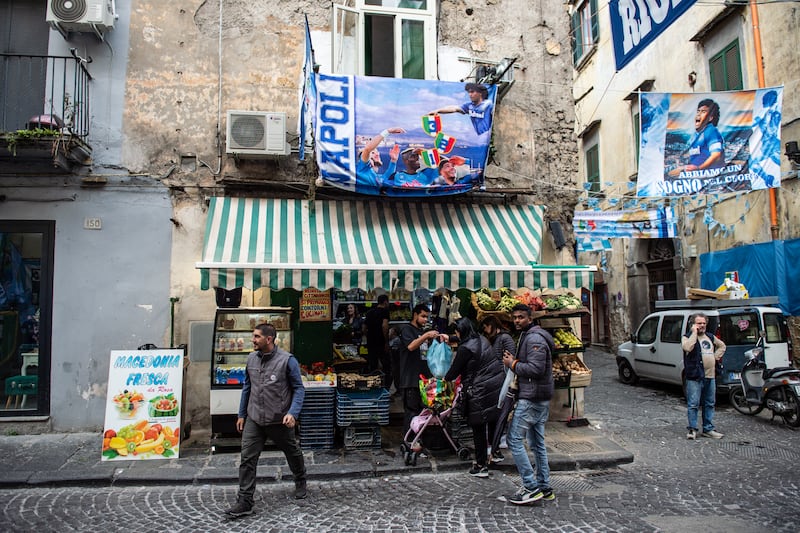 Napoli flags in the Sanità district of Naples. Photograph: Ivan Romano/Getty
