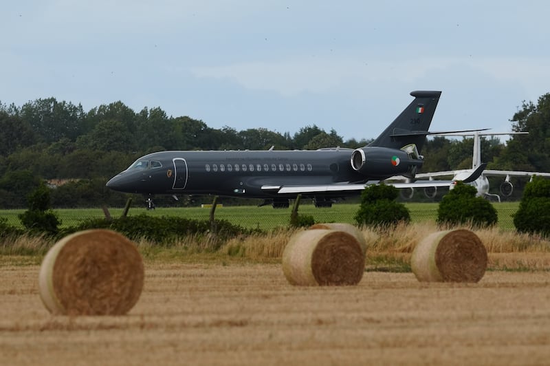 The Government jet carrying Daniel Kinahan landing at Casement Aerodrome on Sunday. Photograph: Damien Eagers/PA Wire