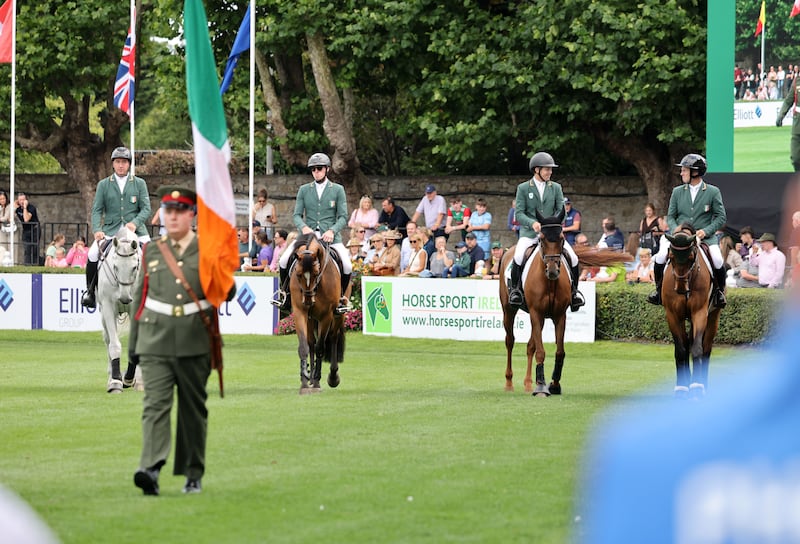 The Irish Team lead out including Daniel Coyle, Jordan Coyle, Shane Sweetnam and Cian O’Connor at the start of Friday's competition. Photograph: Alan Betson