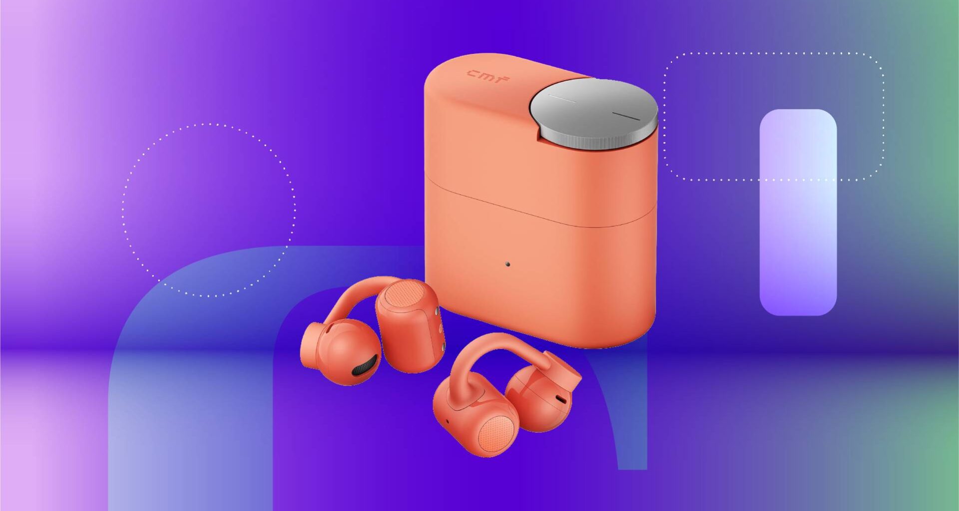 A pair of coral/pink earbuds against a purple gradient CNET background.