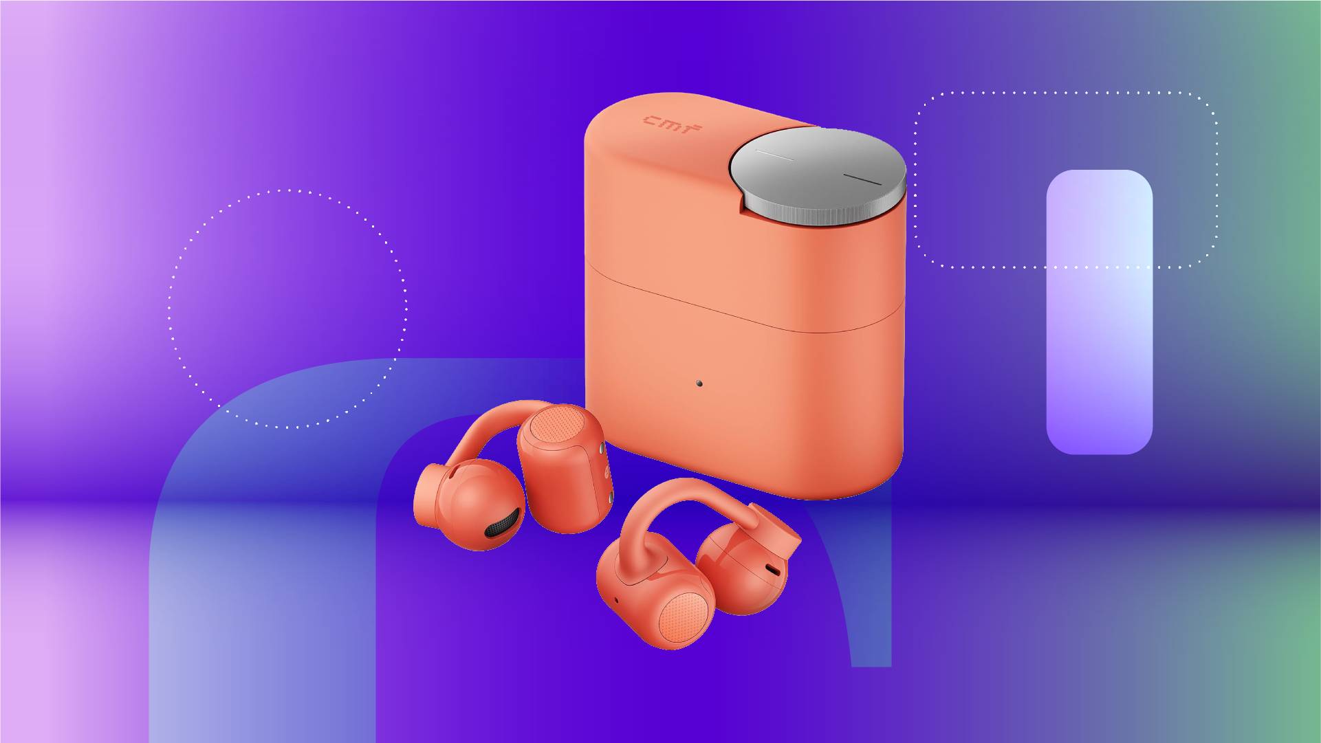 A pair of coral/pink earbuds against a purple gradient CNET background.