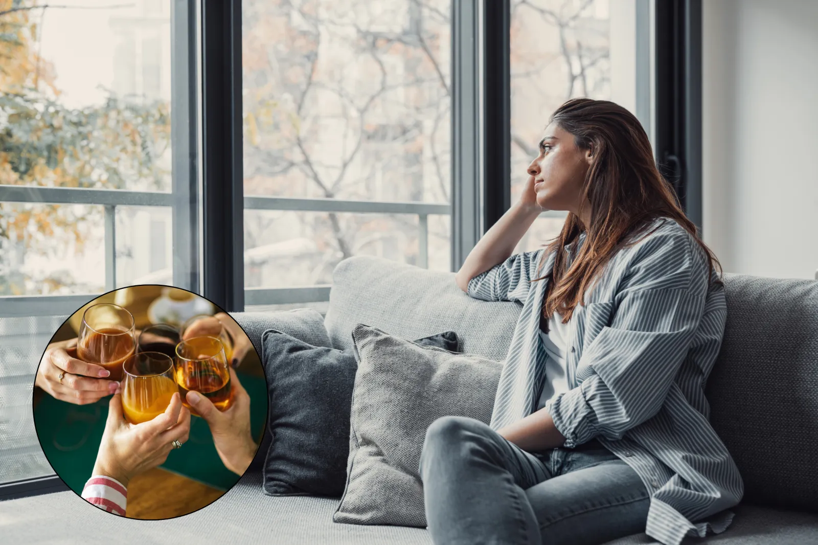 Two screenshots showing a depressed woman looking out of the window. A selection of drinks.