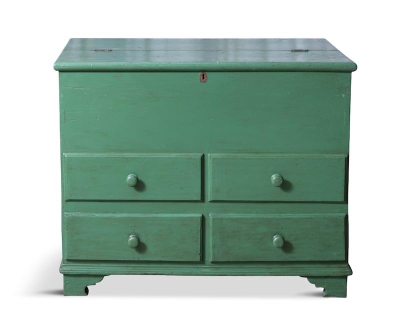 Green painted pinewood marriage chest, traditionally used to store the bride's household items in advance of marriage (€400-€600), Adam's Vernacular Furniture auction