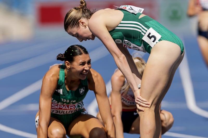 Sophie O'Sullivan and Sarah Healy after the 1,500m semi-final. Photograph: Morgan Treacy/Inpho