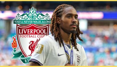 Tottenham fullback Djed Spence holds his third placed World Cup medal in front of Liverpool club crest.