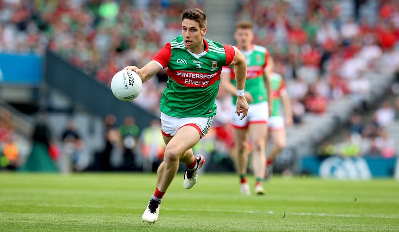 Lee Keegan in action for Mayo during the 2021 All-Ireland SFC final defeat to Tyrone. Photograph: Ryan Byrne/Inpho