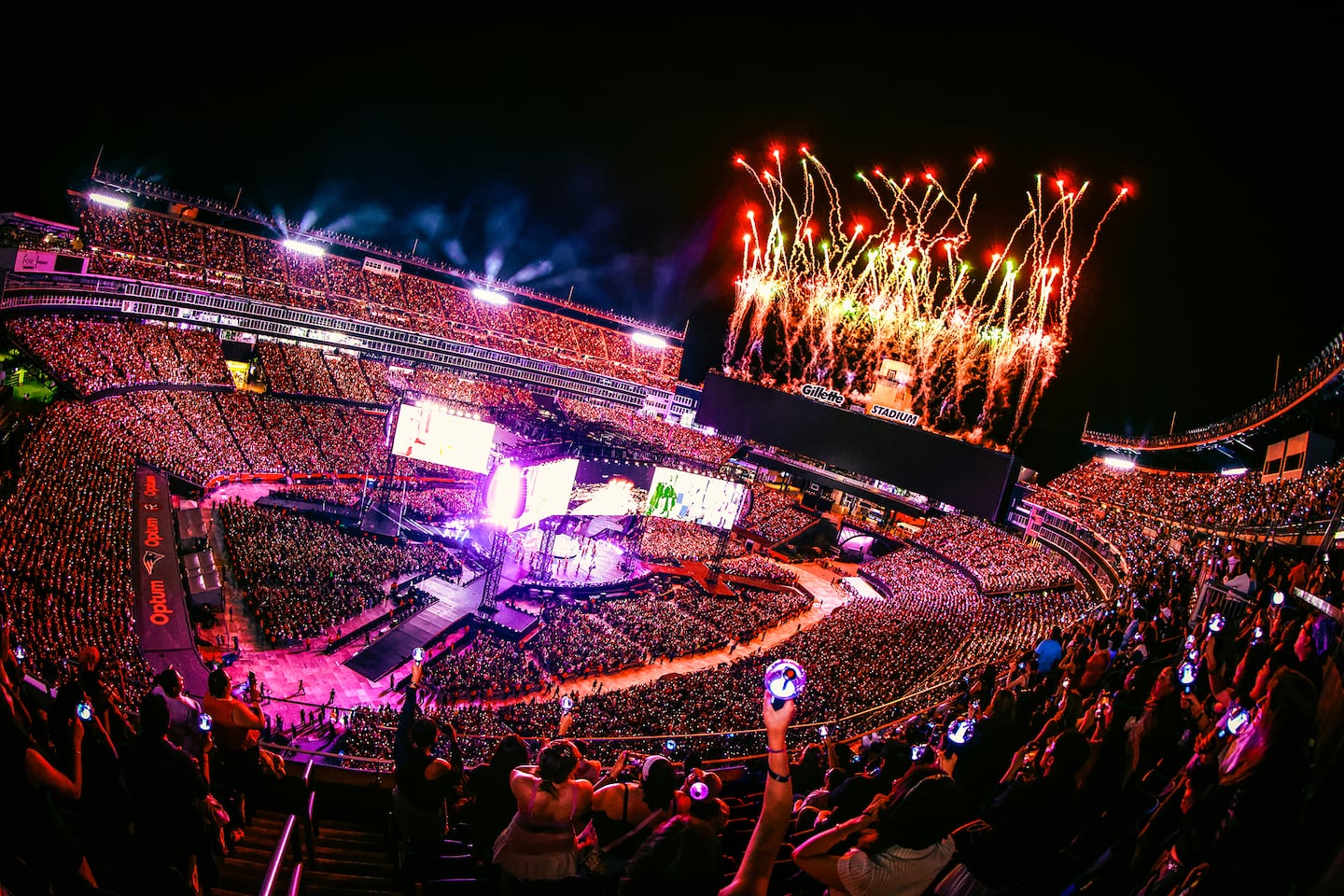 Fireworks light up BTS's first of two shows at Gillette Stadium.