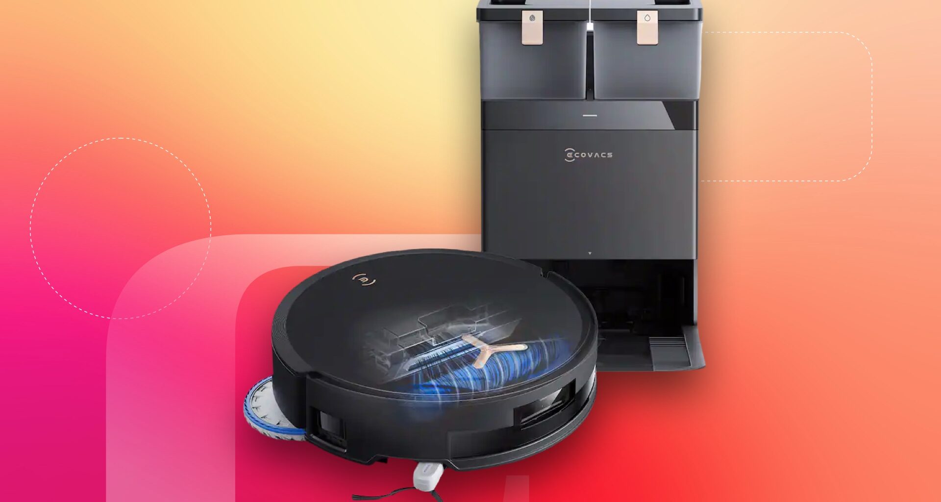 Ecovacs robot vacuum T50 against CNET's red commerce background.