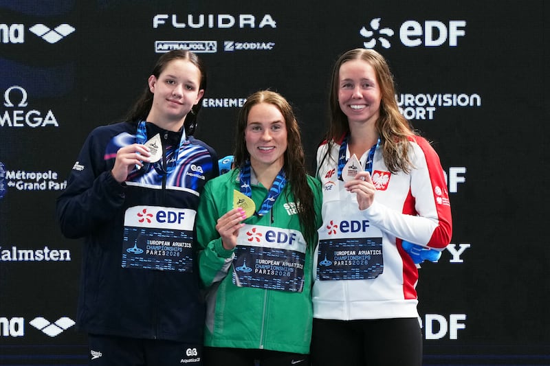 Gold medallist  Ireland's Ellen Walshe (C), silver medallist Britain's Amalie Smith (L0 and bronze medallist Poland's Justina Anna Kozan (R) pose on the podium. Photograph: Dimitar Dilkoff/AFP via Getty