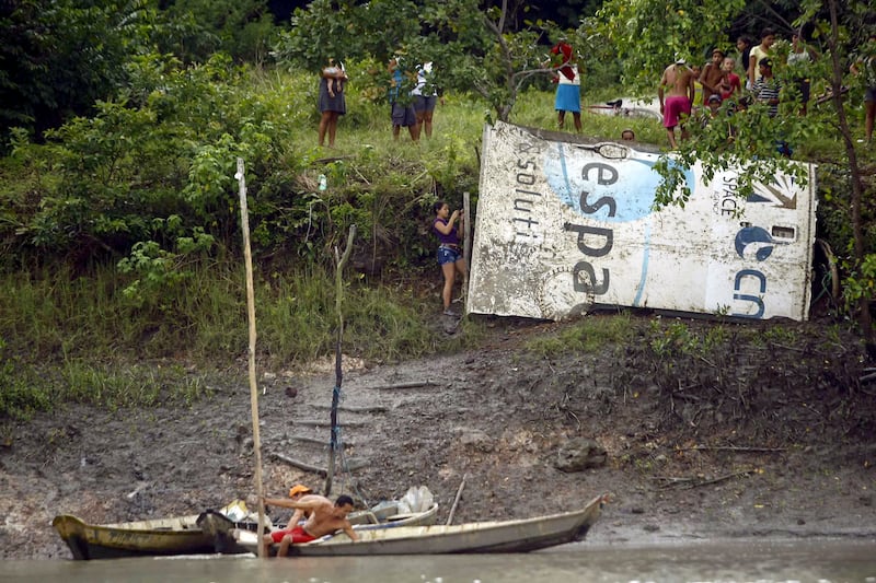 Debris thought to be from a spacecraft launched from the European spaceport in Kourou in French Guiana in 2014. Photograph: Tarso Sarraf/AFP via Getty Images