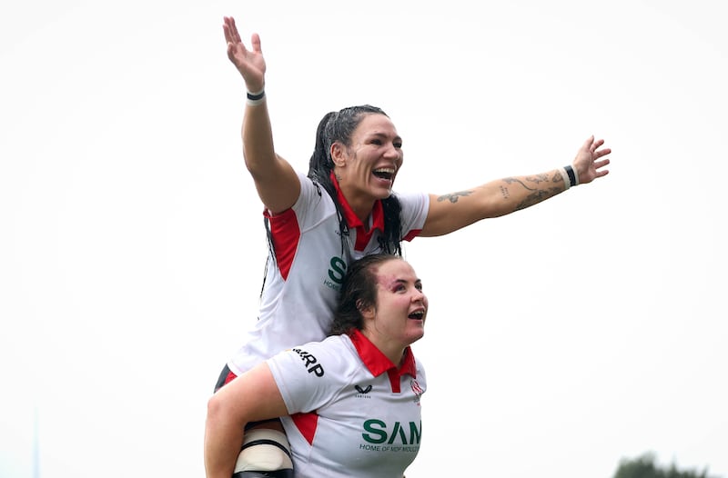 Ulster’s Stacey Sloan and Siobhan Sheerin celebrate after their win over Connacht in the Women's Interpros third-place playoff on Saturday. Photograph: Ryan Byrne/Inpho